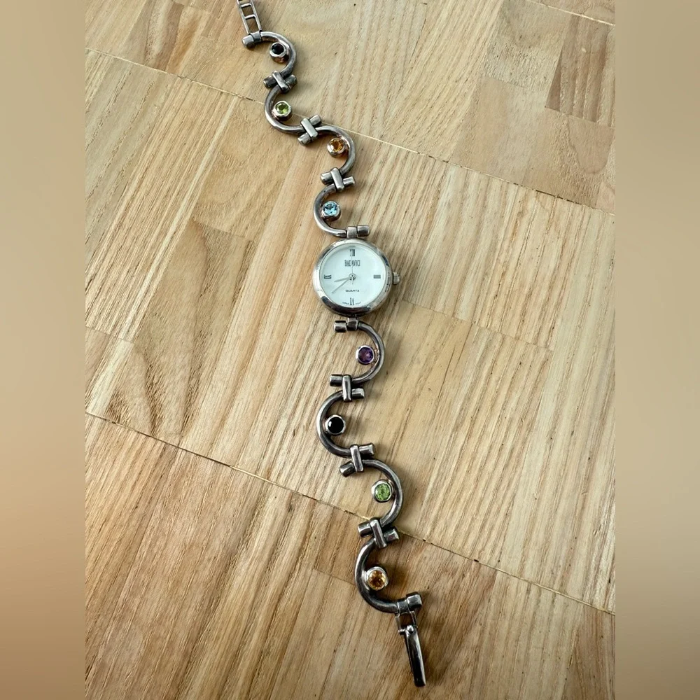 Badavici ladies 925 Sterling silver bracelet multi-color stone watch NEW BATTERY